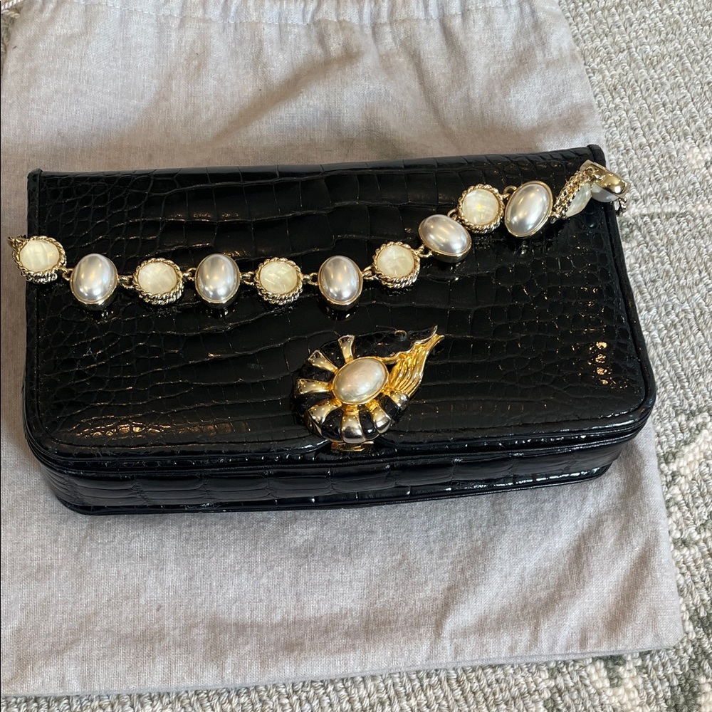 Judith Leiber Black Crocodile Clutch with Gold & Pearl Detailing - Picture 2 of 10